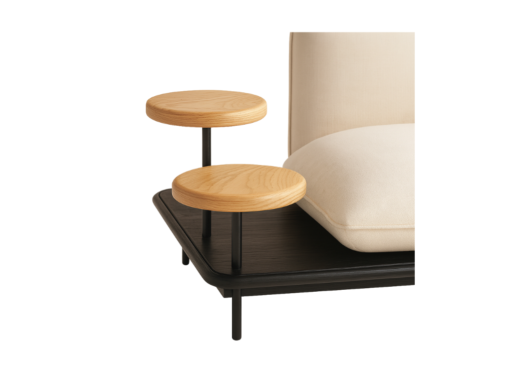 sofa with fixed end table in wood