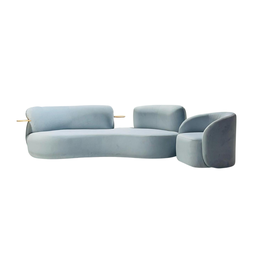 Modern light blue sofa on a white background